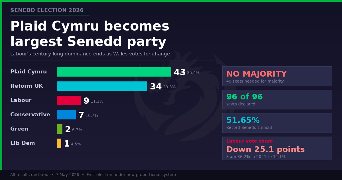 Featured image for “Plaid Cymru wins most seats in historic Senedd election”